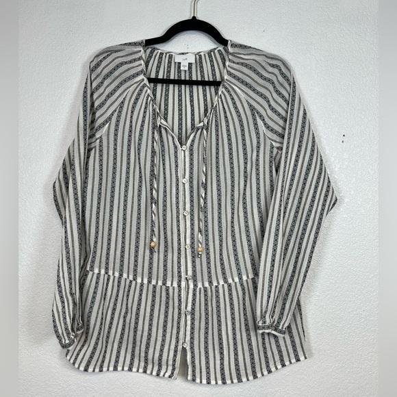 J.Jill Striped Cotton Woven Peasant Button-Up Peplum Hem Tunic – Size Medium - Picture 2 of 6